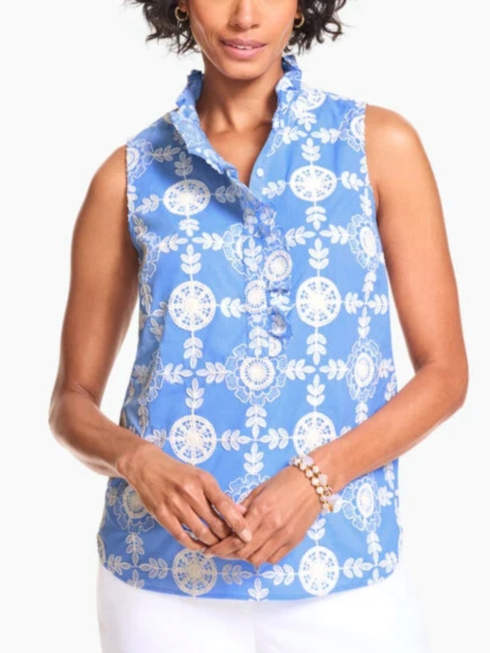 Talbots Ruffle 100% cotton Sleeveless top embroidered blue white small